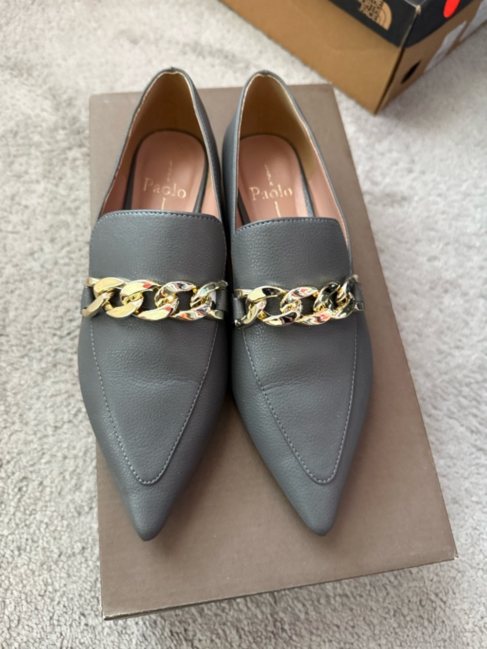 Paolo Charcoal Pointed Toe Loafers with Gold Chain